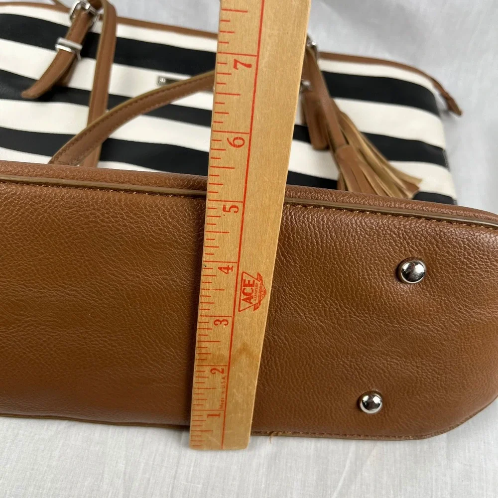Nine West Tote Bag Black White Striped Faux‎ Leather Tassels Brown Trim